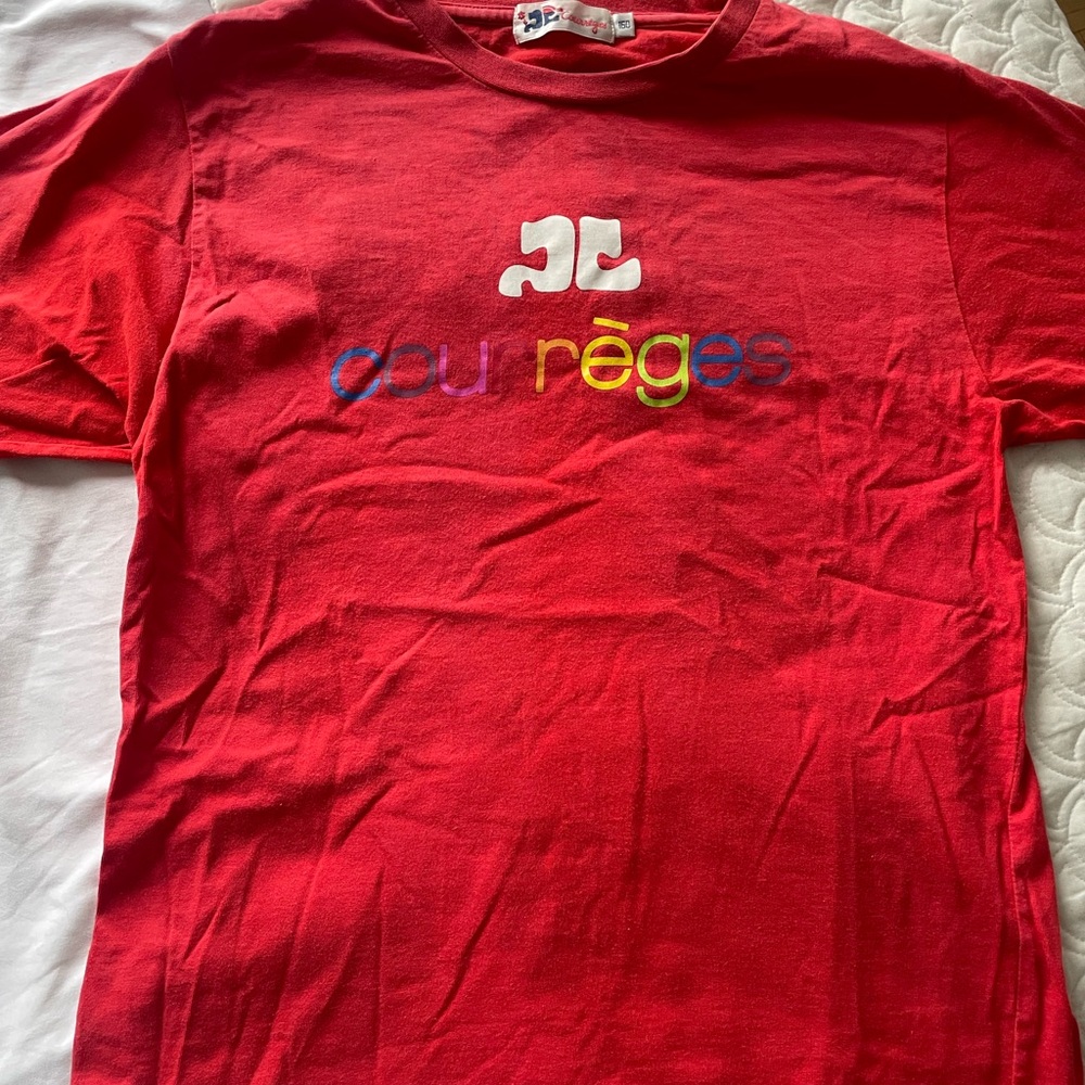 Red Courrèges T-Shirt with Multicolor Logo